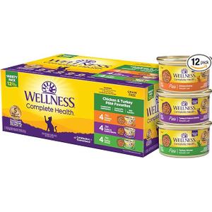 Wellness Complete Health Pate Variety Pack Adult Canned Wet Cat Food, Natural, Protein Rich, Grain Free, Chicken and Turkey Favorites, 3 oz, Pack of 12 Cans (Best By Sep. 25, 2028)