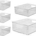 Oggi Set of 5 Clear Fluted Storage Bins with Handle - Durable Plastic Organizers for Fridge, Pantry, Cabinets & Countertop, Modern Farmhouse Style, 5 Sizes for Kitchen Organization and Storage