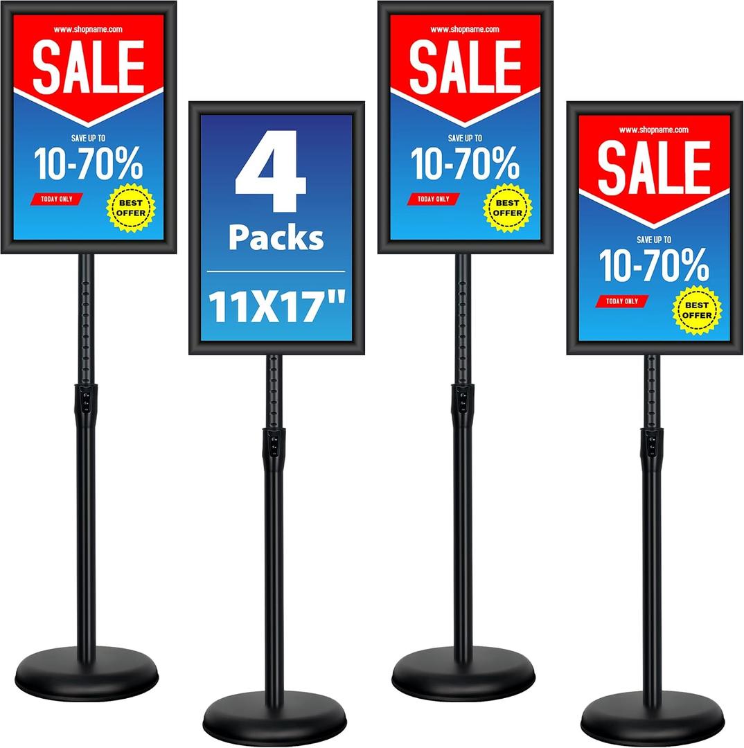 4 Pack Sign Holder Stands - 11 x17 inch Standing Sign Stand, Adjustable Poster Sign Holder Pedestal Floor Sign Stand, Aluminum Snap Open Frame for Vertical & Horizontal View Sign Stand, Black