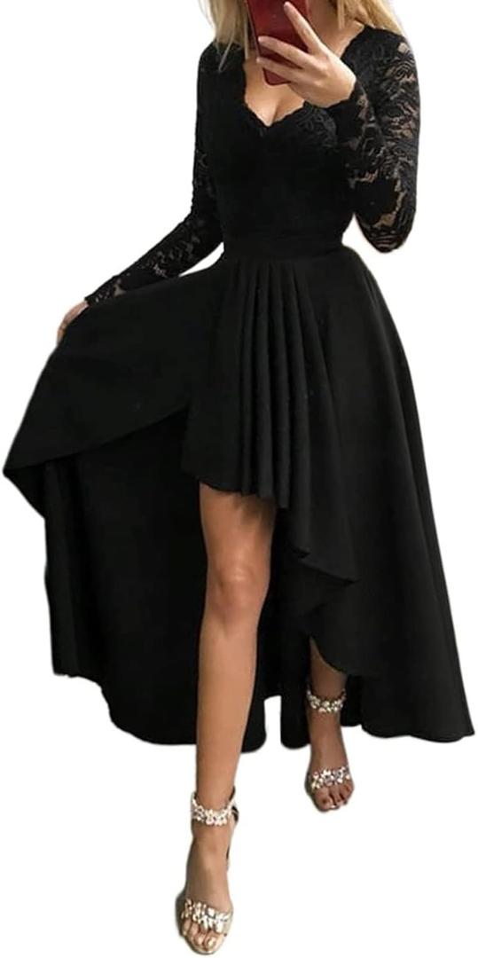 Happy Sailed Womens Floral Lace Long Sleeve V Neck Hi Low A-Line Cocktail Party Dress