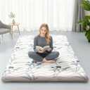 SCHNAUZER HOME Japanese Floor Mattress, 3.5" Thicken Ink Wash Floral Pattern Portable Futon Mattress, 100% High-Density Foam Tatami Mat Sleeping Pad for Camping Guest Room Dormitory RV, White, Full
