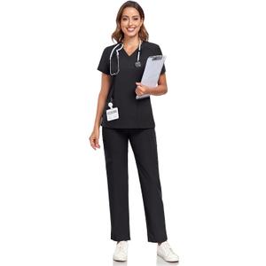 Scrubs for Women Sets, Stretch V-Neck Scrub Top & Cargo Pants with Multi Pockets, Anti-Wrinkle (X-Large, Black)