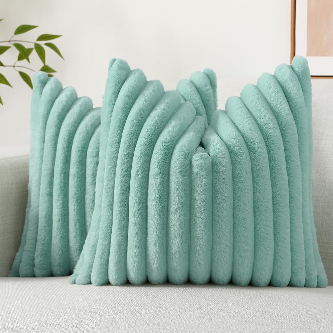 decorUhome Summer Cozy Faux Fur Throw Pillow Covers 16x16 Set of 2 Decorative Soft Plush Striped Modern Farmhouse Boho Couch Pillow Cases with Velvet Back for Sofa Bed Living Room, Aqua