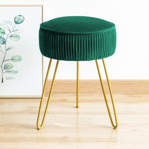 LUE BONA Pleated Vanity Stool, Velvet Upholstered for Makeup Room, Round Mondern Stool for Vanity, Ottoman Footrest with Metal Legs for Living Room, Bedroom, Emerald