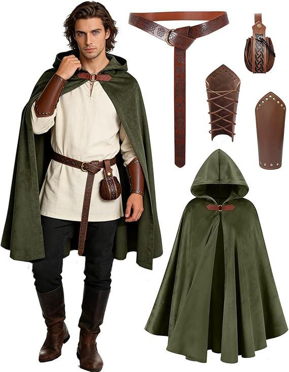 kasahara Renaissance Hooded Cloak Medieval Costume Accessories for Men Women Halloween Costume Cape Belt Pouch Bracers, One Size