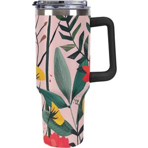 40 Oz Tumbler with Handle And Straw, Peach with Flowers Vacuum Insulated Water Bottle, Cup Holder Compatible for Travel, Reusable Insulated Stainless Steel Cup Gifts for Women & Men