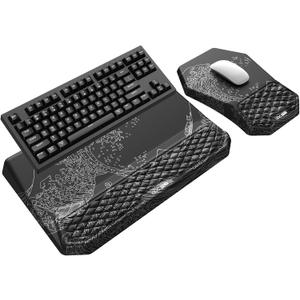 3-in-1 Ergonomic Keyboard Stand with Wrist Rest & Mouse Pad Set, Comfy Keyboard Riser Holder Soft Mousepad with Massage Design, Memory Foam and Non-Slip PU Base for Pain Relief, Black Wave of Kanagawa