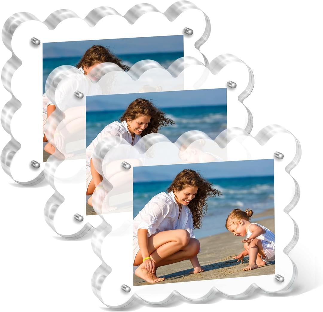 Acrylic Photo Frame 23inch - 3Pack Magnetic Picture Frames with 10+10mm Thick Block, Scalloped Edge Design, Double-Sided Magnet Frames for Modern Desktop Display (Clear, 2x3) (2.1X3.4)