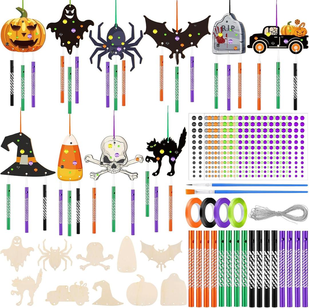 128 Pcs Halloween Wind Chime Crafts Making Kit Make You Own Wind Chime Halloween Arts and Crafts Painting Decor Hanging Ornaments Coloring Party Decoration