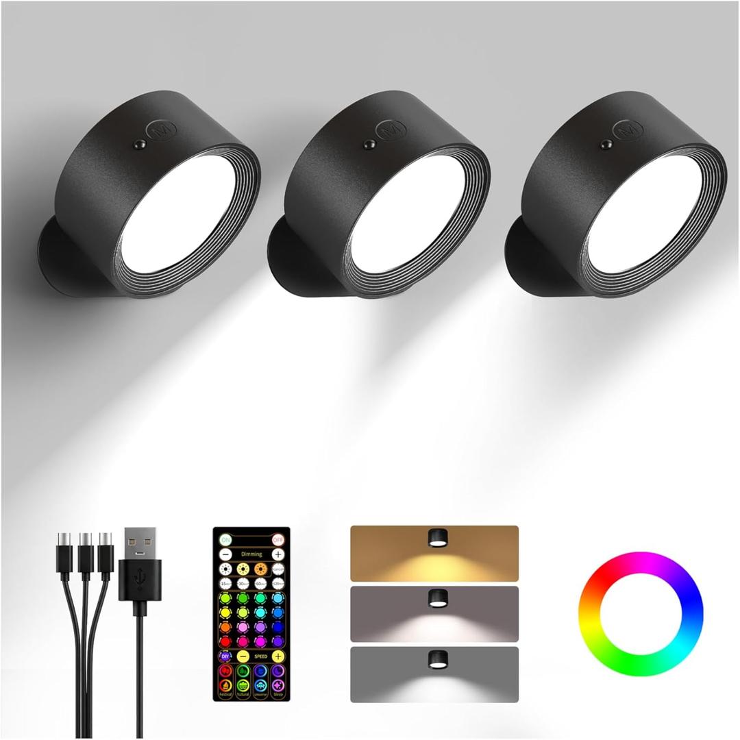 Wall Mounted Lights, 3 Pack Rechargeable RGB Color Changing Light, 3 Color Temps & Remote and Touch, 360Rotation Dimmable Cordless for Study Bedroom Reading Bedside (Black)