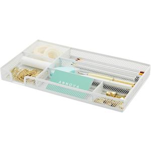 Annova Desk Drawer Organizer Tray for Office Organization - Metal Mesh - Storage Tray with Dividers for Pens, Desktop Accessories, Bathroom, Kitchen, Makeup and Office Supplies (Small, White)