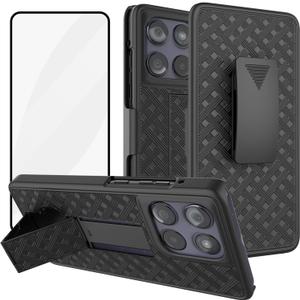 Ailiber Compatible with Moto G Power 2025 Phone Case, Motorola G Power 2025 Belt Clip Case Holster with Screen Protector, Swivel Kickstand Holder, Slim Shockproof Pouch Cell Phone Cover-Black