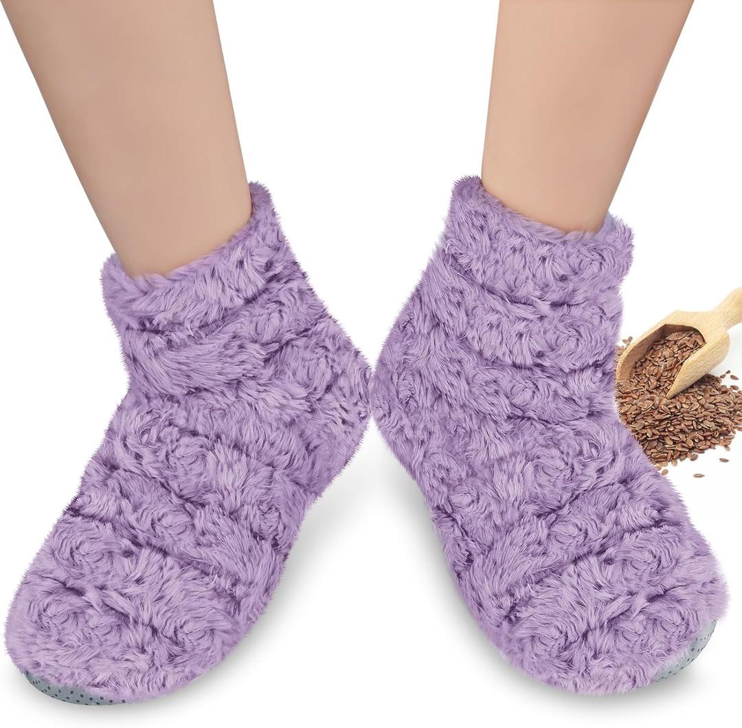 REVIX Microwavable Booties and Hot Feet Warmers for Women & Men, Heated Foot Warmer with Flaxseed Moist Heat Therapy for Cold Feet, Purple, Size L