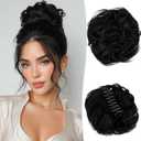 RUWISS Claw Clip Messy Bun Hair Piece Real Human Hair Buns Wavy Curly Chignon Hair Bun Extensions Tousled Updo Claw Clip Ponytail Hairpieces (Black) (40g)