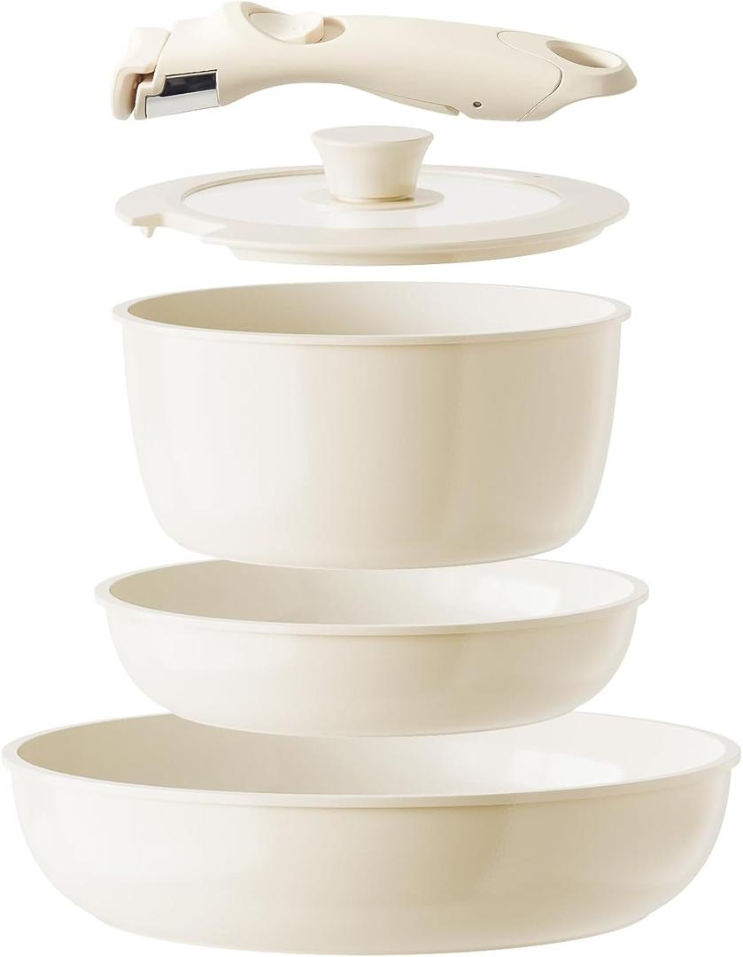 Redchef Ceramic Pots and Pans Set Non Stick, Nonstick Kitchen Cookware Sets, Non Toxic Pots and Pans Set Non Stick, PFAS PFOA & PTFE Free, Detachable Handle Pots and Pans 5 Piece, RV Cookware, Beige White