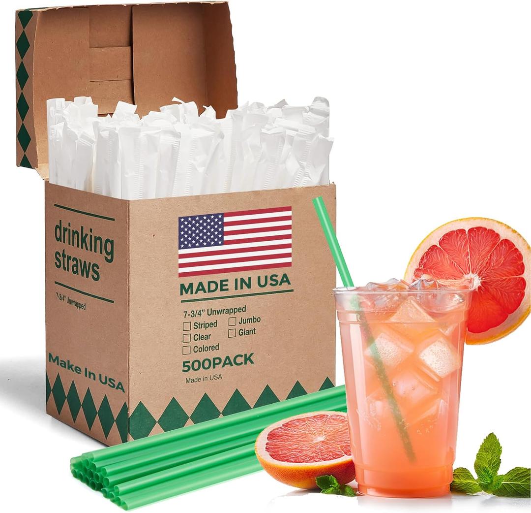 Glotoch Express 500 PCS Individually Wrapped Green Plastic Straws, 7.75'' Long, 0.24'' Diameter Disposable Drinking Straws for Every Occasion, Party, Made in USA