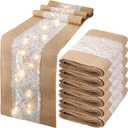Xinnun 6 Pack Burlap Table Runner with LED String Lights, Modern Rustic Lace Natural Vintage Boho Jute Wedding Table Decor for Farmhouse Thanksgiving Christmas(Modern Neutral,12x70 Inches)