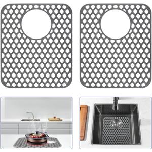 2PCS Silicone Sink Protector 12"x14" Rear Drain Hole, Heat Resistant Non-slip Dishwasher Suitable, Large Mat for Bottom of Farmhouse Kitchen Stainless Steel Sink
