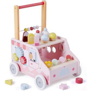 labebe Wooden Baby Walker, Push Activity Walker for Kids 12M+, Multifunctional Ice Cream Cart Activity, Adjustable Speed Learning Walking with Wheels, Birthday Gift for Girls Boys Ages 1-3 (Pink)