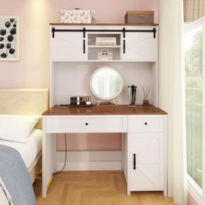 47" Executive Desk, Computer Desk with Hutch, Farmhouse Desk with 3 Storage Cabinets, 2 Drawers & Built-in Charging Station, Writing Table for Office, Bedroom, Or Study Room-White