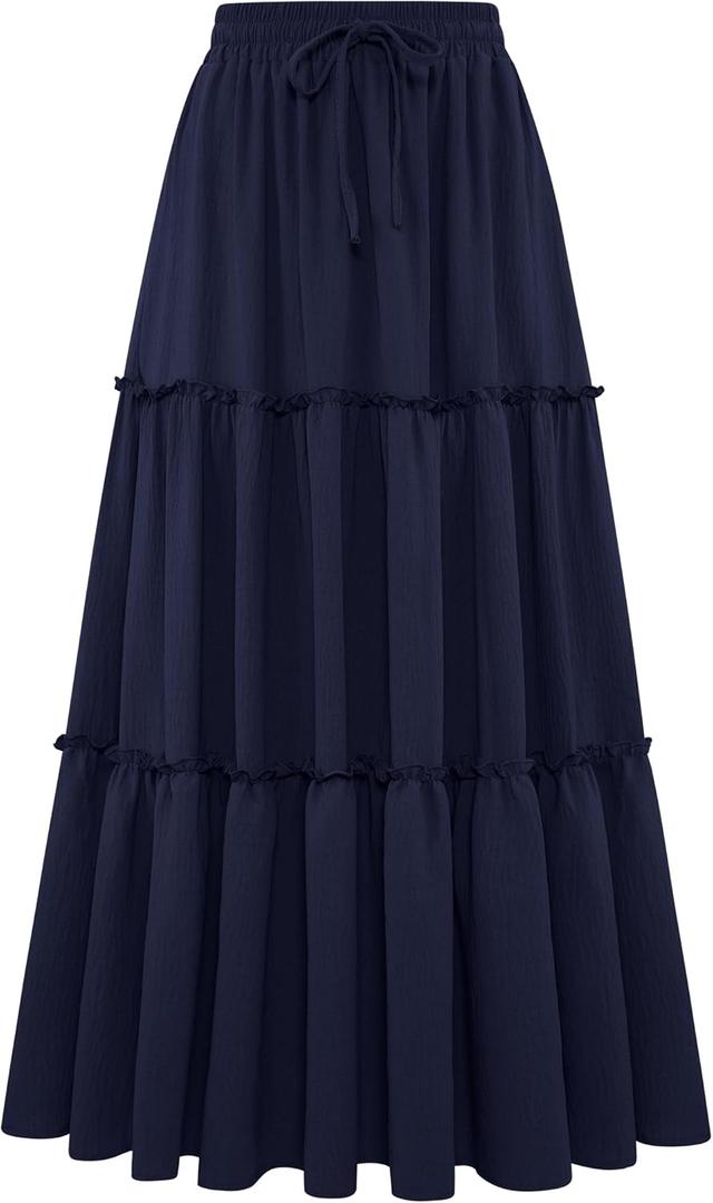 Arolina Women's Summer Maxi Skirt Trendy High Waist Pleated Ruffle Long Skirts Flowy Beach Boho Skirt Dress with Pockets L
