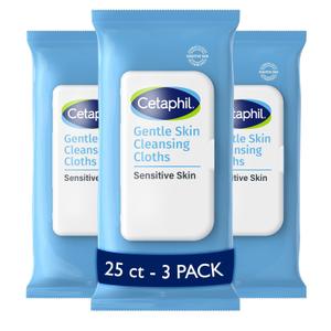 Cetaphil Face and Body Wipes, Gentle Skin Cleansing Cloths, 25 Count (Pack of 3), for Dry, Sensitive Skin, Flip Top Closure, Great for the Gym, Travel, in the Car, Hypoallergenic, Fragrance Free