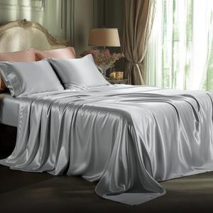 Satin Sheets Queen Size - 4 Piece Silky Bedsheets Good for Hair &Skin(Queen, Silver Grey)