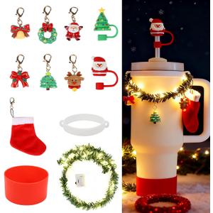 12Pcs Christmas Stanley Cup Accessories Set Including Light Up Christmas Garland, Straw Toppers, Silicone Boot, Water Bottle Charm for Stanley Tumbler 40oz&30oz