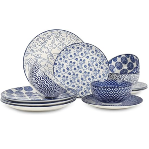 Selamica Ceramic Dinnerware Sets, 12Pieces Plates and Bowls Sets, Scratch Resistant Dishes set for 4, Dishwasher & Microwave Safe,Vintage Blue
