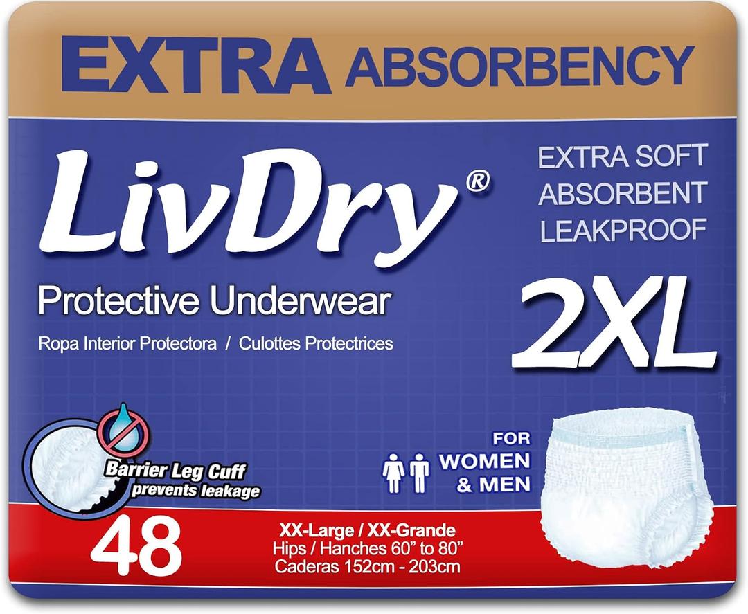 LivDry Adult XXL Incontinence Underwear, Extra Comfort Absorbency, Leak Protection, XX-Large, 48-Pack EXP:03-2029