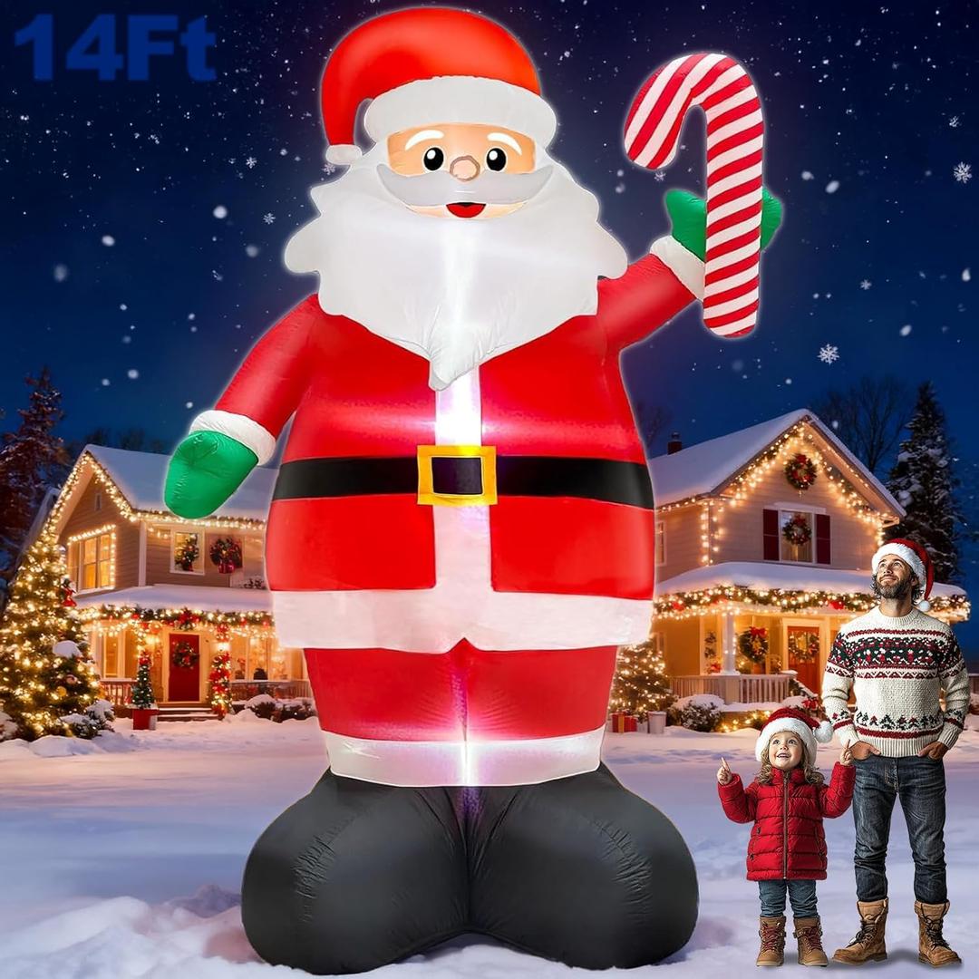 14 FT Giant Christmas Inflatable Santa Claus Outdoor Decorations,Blow Up Yard Decoration with Candy Cane Built-in LED Lights for Xmas Outside Decor Holiday Lawn Garden Party Decorations