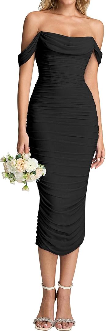 KUTUMAI Off Shoulder Corset Formal Wedding Guest Dresses for Women Elegant Bodycon Ruched Cocktail Party Midi Dress (Black, XL)