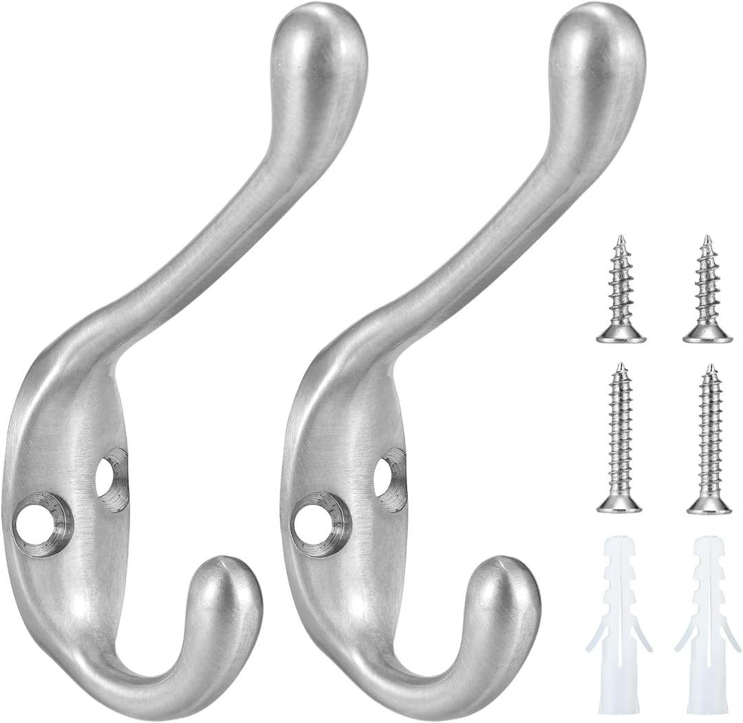 Jukzi Coat Hooks 5 Pack-Heavy Duty Wall Mounted Brushed Nickel Door Hooks Double Prong Hooks for Hanging Clothes/Towels/Key-Suitable for Bedroom/Bathroom/Entryway