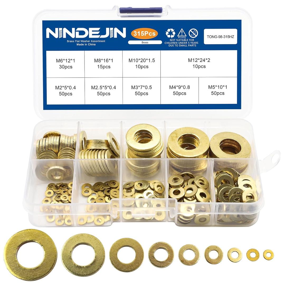 NINDEJIN 315 Pieces Brass Washer Assortment Kit Metric Flat Washers 9 Sizes Assorted Set for Screws M2 M2.5 M3 M4 M5 M6 M8 M10 M12 Gasket for Bolt Fasteners (Gold)