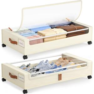 LAMU Under Bed Storage with Wheels, 2 Pack Under Bed Storage Containers with Clear Lid, XXL 60L Underbed Storage Bins, Rolling Under Bed Metal Drawers for Clothes, Blankets, Shoes, Beige