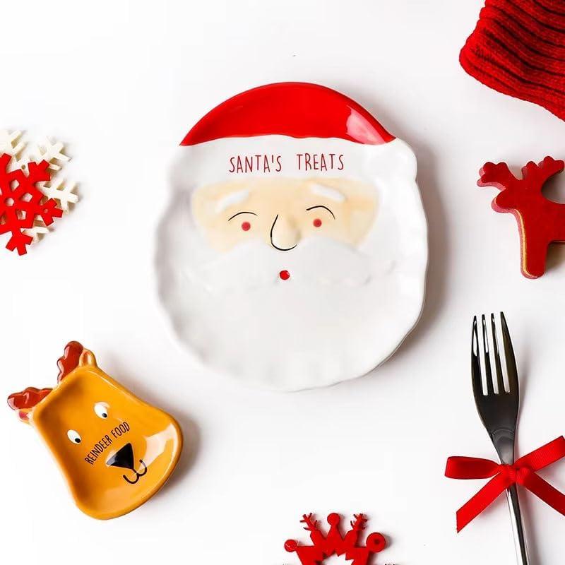 Harmony style Night Before Christmas Santa and Reindeer Ceramic Plate Set, Holiday Treats Serving Plates, Red and White, Christmas Eve Gift