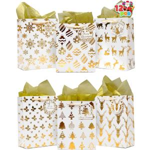 JOYIN 12 PCS Christmas Holiday Foil Gold Gift Bags with Tissue Papers and Name Card Tags; Assorted White Winter Prints for Party Favors Goody Bags, Xmas Presents and Wrapping Stocking Stuffers (8" x 4" x 10")