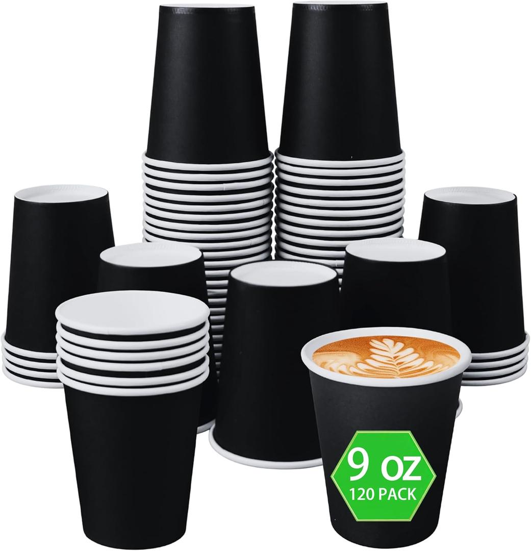 120-pack 9oz Leak proof Black Paper Cups - Disposable paper cups for hot drinks, cold drinks, coffee cups, tea, and other beverages - Holiday Party DIY Office Drinking Cup Supplies (Black)