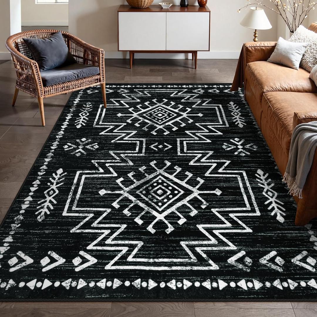 Lahome Washable Living Room Rugs 8x10, Western Black and White Rug for Bedroom, Low Pile Boho Distressed Aztec Floor Carpet for Dining Room, Soft Stain Resistant Large Moroccan Carpets