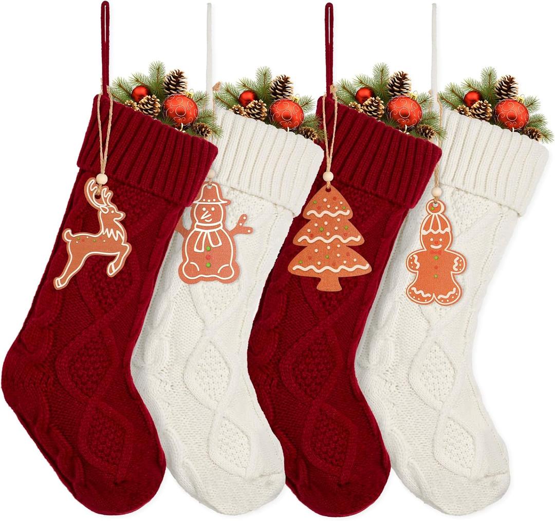 HiPeep 4 Pack Knitted Christmas Stockings - 18 Inch Large Family Christmas Stocking Set Red and White, Xmas Stocking for Fireplace,Christmas Decorations, Knit-4pack-d
