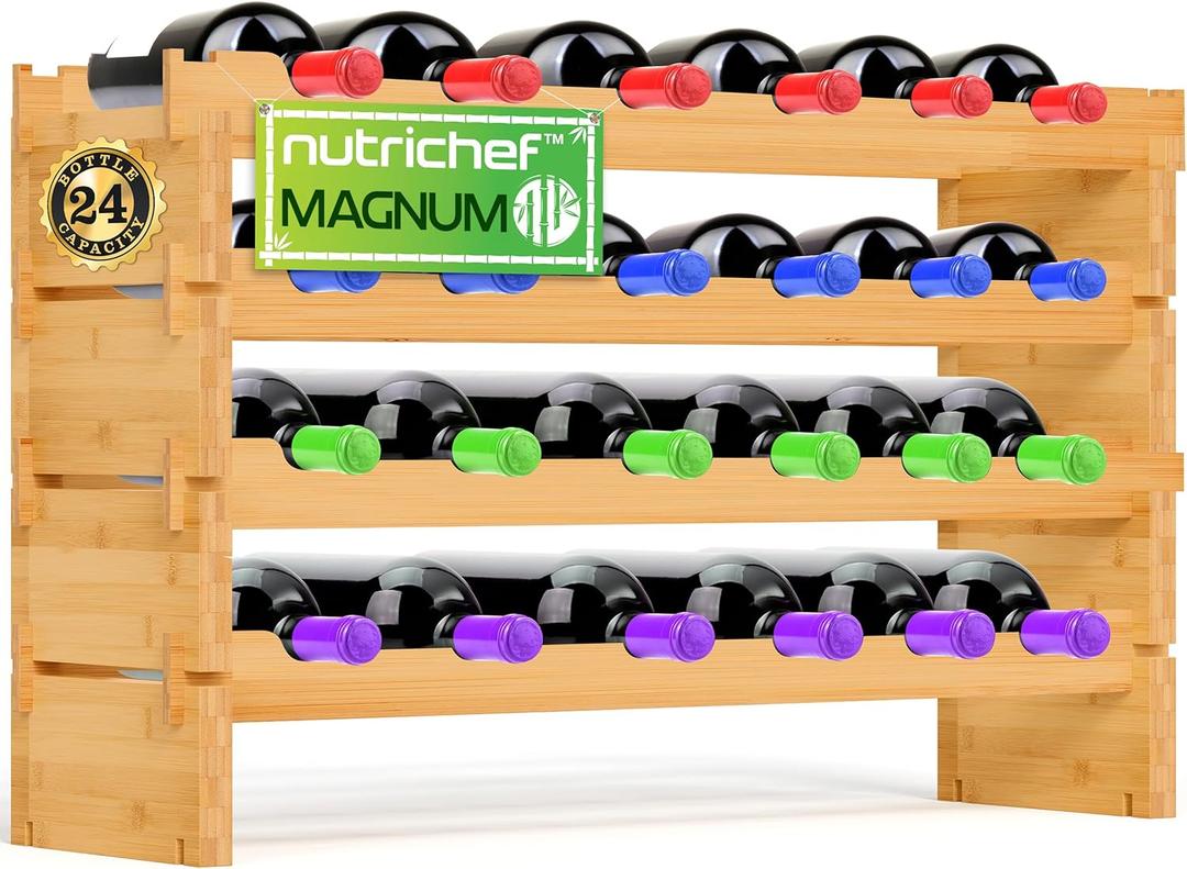 NutriChef Bamboo Modular Wine Rack for Magnum Size Wine Bottles (4 Diameter) - 24 Bottle 4-Tier 2 Cross Compatible Stackable Wine Rack Systems
