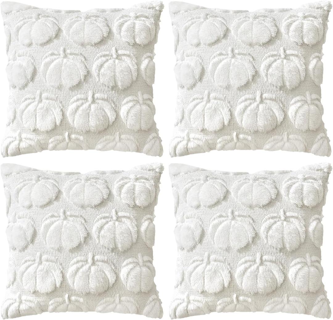 4 Pcs Fall Throw Pillow Covers 18x18, Autumn Decorations Soft Faux Fur Pillow Covers, Fluffy Plush Accent Pillow Cases for Harvest Thanksgiving Cushion Covers Sofa Home Decor(Pumpkin White)