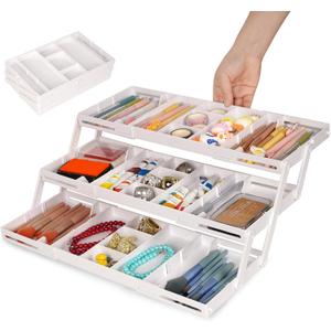 3 Tier Drawer Organizer - Expandable Junk Drawer Organizer Smart Office Supply Organizer, Folding Drawer Storage Multi-level Desk Organizer for Makeup,Jewelry,Kitchen Storage (1 Row 3 Tier, White)