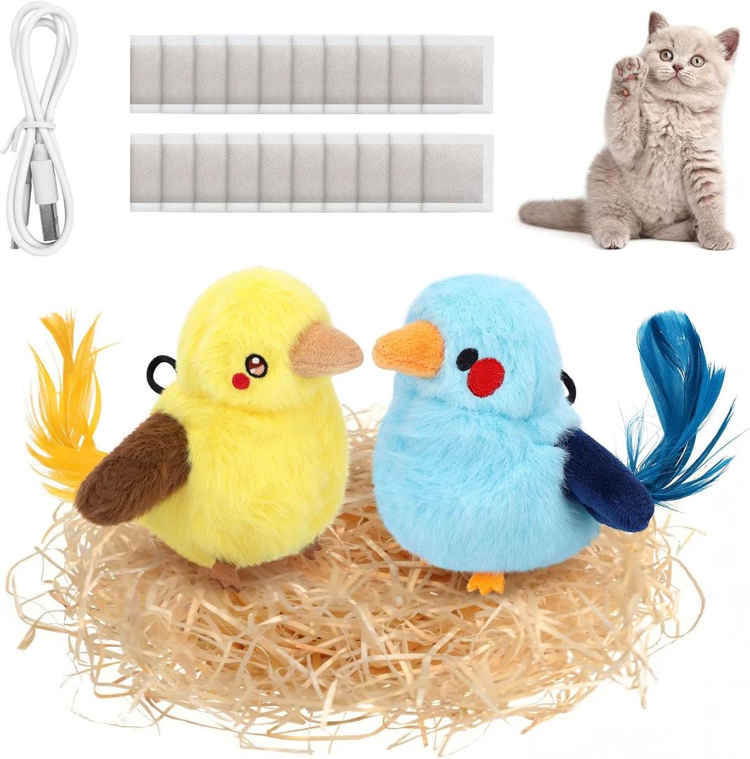 2 PCS Cat Toys, Flapping Bird Cat Toy(No Flying), Interactive Catnip Toy with Catnip Bags, Chirping Enrichment Moving Wings Dog Cat Kitten Toys, Flappy Flying Pets Toy for Indoor(Oriole&Bluebird)