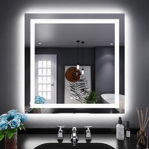 LOAAO 32"X32" LED Bathroom Mirror with Lights, Anti-Fog, Dimmable, Backlit + Front Lit, Lighted Bathroom Vanity Mirror for Wall, Memory Function, Tempered Glass, Shatter-Proof, ETL Listed