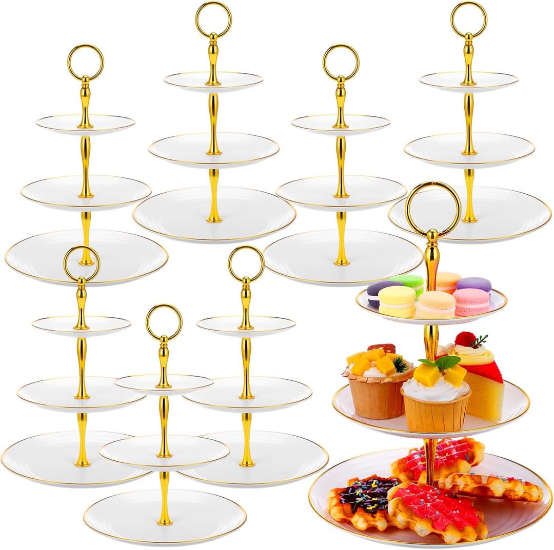 8 Pack 3 Tier Cupcake Stand Bulk Tiered Dessert Stand Thick Plastic Serving Tray with Gold Edges Dessert Table Display Set Tea Cake Holder for Wedding Birthday Party(White)