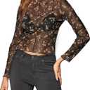 Women's Sheer Floral Long Sleeve Layering Top Ruffled Mock Neck Sheer Blouse for Casual Brunch Party Club Night Date Outfits (Medium, A Chocolate Brown)