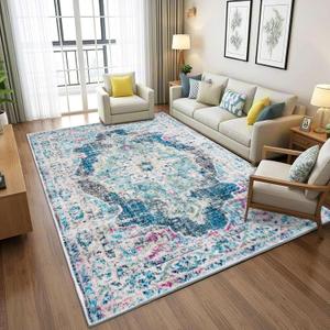 5x7 Machine Washable Area Rug, Ultra Soft Low-Pile Boho Vintage Carpet, Non-Slip Indoor Rug for Living Room, Bedroom (Light Blue)