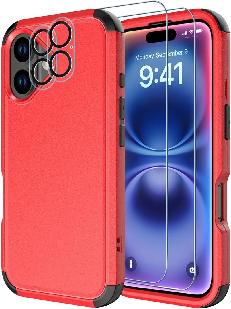 Diverbox for iPhone 16 Plus Case [Shockproof] [Dropproof] [Tempered Glass Screen Protector + Camera Protectors] Heavy Duty Protection Phone Case Cover for Apple iPhone 16 Plus (Red)