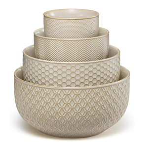 KooK Ceramic Mixing Bowls, Nesting Set of 2, Embossed Kitchen Dishware, Prep, Serving, Gift, Microwave and Dishwasher Safe, 20/44/98/145 oz, Narbonne Collection (Almond)